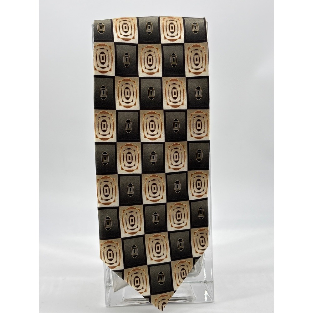 Mosaic Mens Silk Tie Grey Black Gold Geometric Checkerboard Hand Made 58x4 Wide